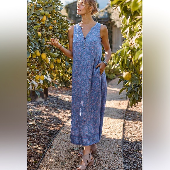 J. Jill Sleeveless Blue Paisley Floral Border Print Maxi Dress XS - Picture 1 of 8